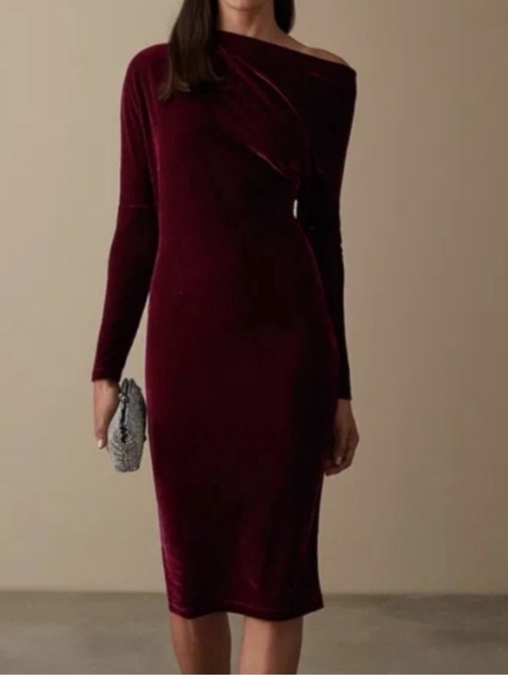 Reiss Burgundy Velvet Asymmetric One-Shoulder Long Sleeve Dress size 4